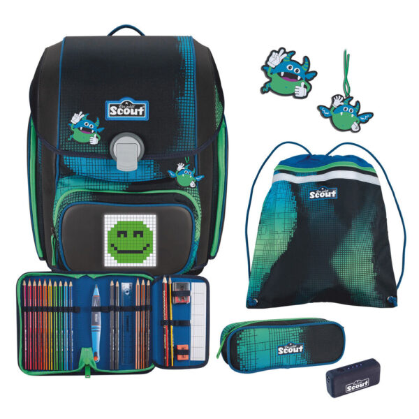 Scout Genius Schulranzen-Set 4tlg Blue Pixel