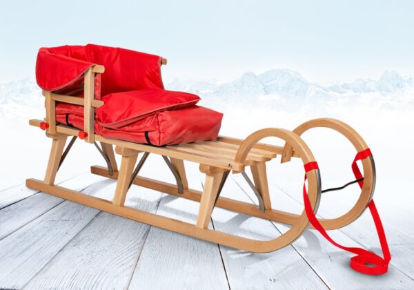 Impag® Hörner-Schlitten Holz 115 cm, Zuggurt, Lehne, Fußsack Rot""