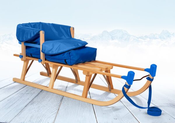 Impag® Davos-Schlitten Holz 115 cm, Zuggurt, Lehne, Fußsack Blau""