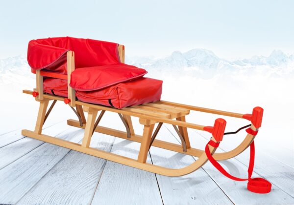 Impag® Davos-Schlitten Holz 115 cm, Zuggurt, Lehne, Fußsack Rot""